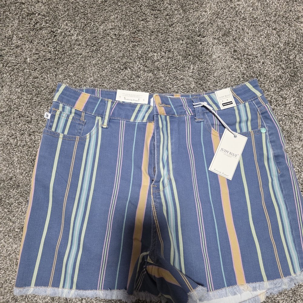 Judy Blue Medium Blue Jean Shorts with Vertical Stripes